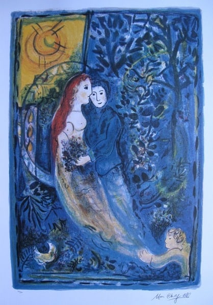 Marc Chagall WEDDING Limited Ed. Lithograph: This is a Marc Chagall first edition lithograph titled "WEDDING". This is facsimile signed and pencil numbered from a limited edition of 500. Image measures 23" x 15? on 27?" x 19?" paper. Printed on 