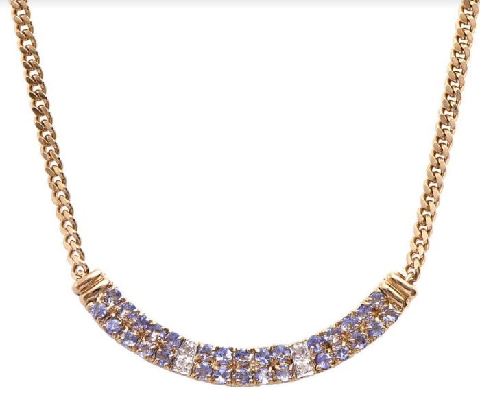 1.68 Cts Tanzanite & Diamond 18KGP Designer Necklace: 30 pieces of GENUINE 2.4mm rounds Tanzanite quality AAA no treatment.4 pieces of GENUINE 1.1mm faceted round diamond 0.03 carat Tw.7.05 grams of brass layered with 18K yellow gold.The necklace length 