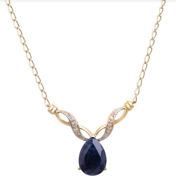 3.67 Cts Sapphire & Diamond 18KGP Designer Necklace: 1 pieces of Pear Shape GENUINE 14x10mm Black Sapphire quality AAA no treatment.6 pieces of GENUINE 1.1mm faceted round diamond 0.05 carat Tw.5.55 grams of brass layered with 18K yellow gold.The neckla
