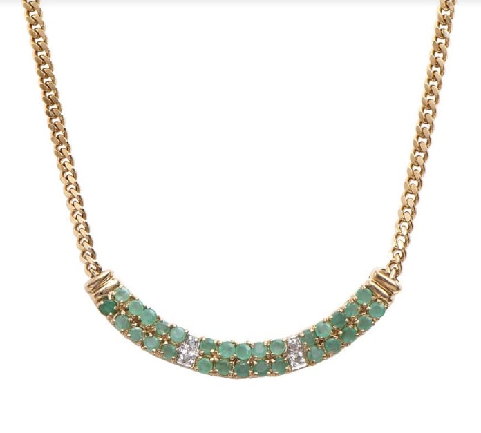 2.29 CT Emerald & Diamond Designer 18KGP Necklace: 30 pieces of GENUINE Emeralds quality AA no treatment.6 pieces of GENUINE 3X3mm rounds diamonds 0.03 carat Tw.9.48 grams of brass layered with 18K yellow gold.The necklace length is around 18 inches.