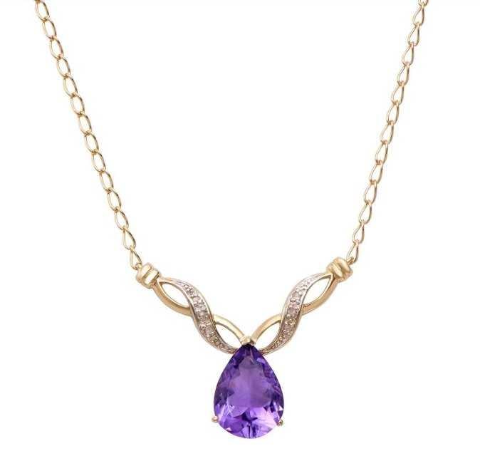 6.84 CT Amethyst & Diamond Designer Necklace $1,125: 1 pieces of Pear Shape GENUINE Amethyst quality AAA no treatment.6 pieces of GENUINE 3X3mm faceted round diamond 0.12 carat Tw.8.48 grams of Base Metal layered with 18K yellow gold.The necklace