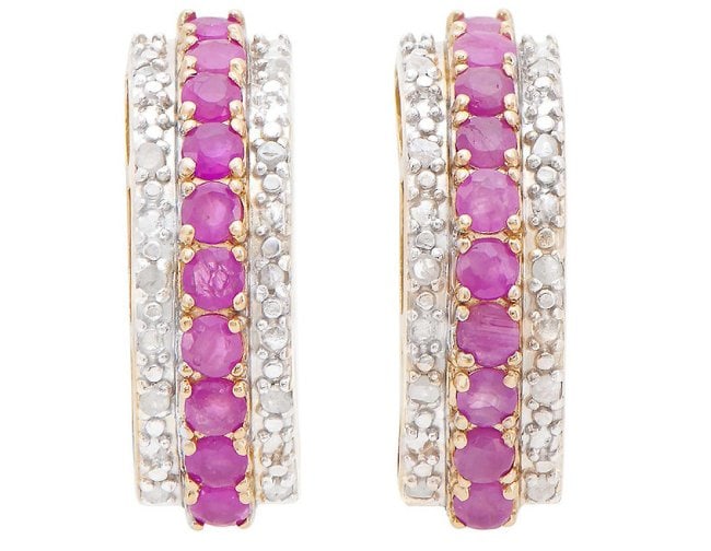2.23 Ct Natural Ruby Diamond Sterling Silver Designer Earrings MSRP $1,595!: Gemstone DescriptionGemstone: RubyColor: RedShape: RoundSize: 2.5mmQuantity: 20CTW: 2.02 Diamond DescriptionShape: RoundsSize: 1.2mm Quantity: 20CTW: 0.21Grade: I3Color: H-I Material Information:Plati