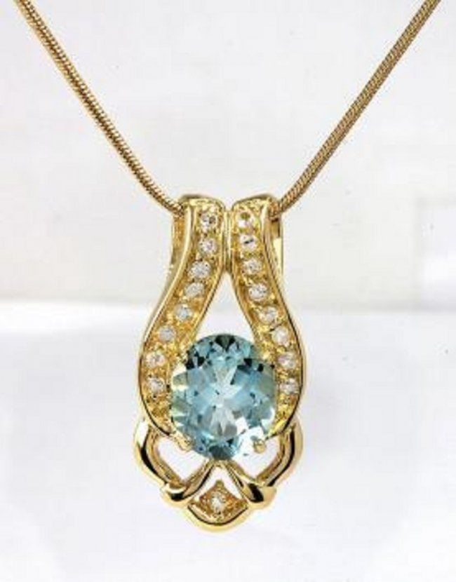 6.80 Cts Blue & White Topaz 18KGP Designer Necklace: 1 piece of GENUINE 12X10mm oval Blue Topaz no treatment quality AAA.17 pieces of GENUINE 2mm White Topaz.7.65 grams of Base Metal layered with 18K yellow Gold (18KGP stamp).The length is 18 inches or 