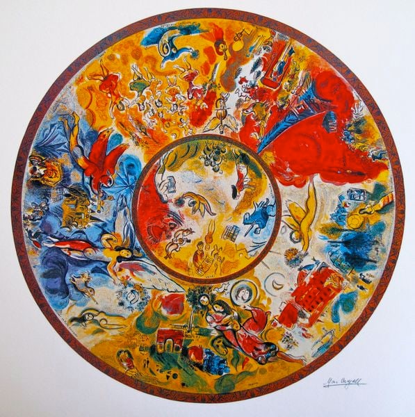 Marc Chagall PARIS OPERA CEILING Ltd Ed. Lithograph: This is a Marc Chagall lithograph titled "Paris Opera Ceiling". This is facsimile signed and pencil numbered from a limited edition of 500. Image measures 23" diameter" on 26" x 26" paper. Printed on 