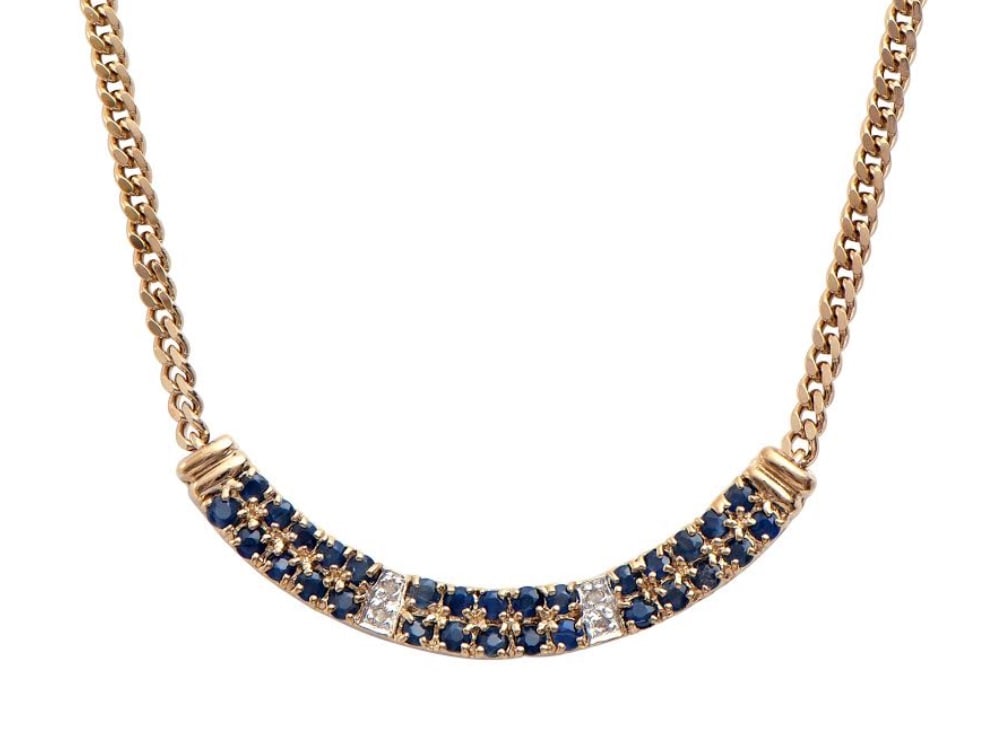 2.28 CT Sapphire & Diamond Designer Necklace $1,700: 30 pieces of GENUINE rounds 2.4mm Sapphires quality AAA no treatment.4 pieces of GENUINE 1.1mm faceted rounds diamonds 0.03 carat Tw.7.05 grams of brass layered with 18K yellow gold.The necklace