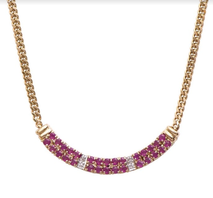 2.28 CT Ruby & Diamond Designer Necklace $1,650: 30 pieces of GENUINE Rubies quality AA no treatment.6 pieces of GENUINE 3X3mm faceted round diamond 0.03 carat Tw.9.48 grams of brass layered with 18K yellow gold.The necklace length is around 18