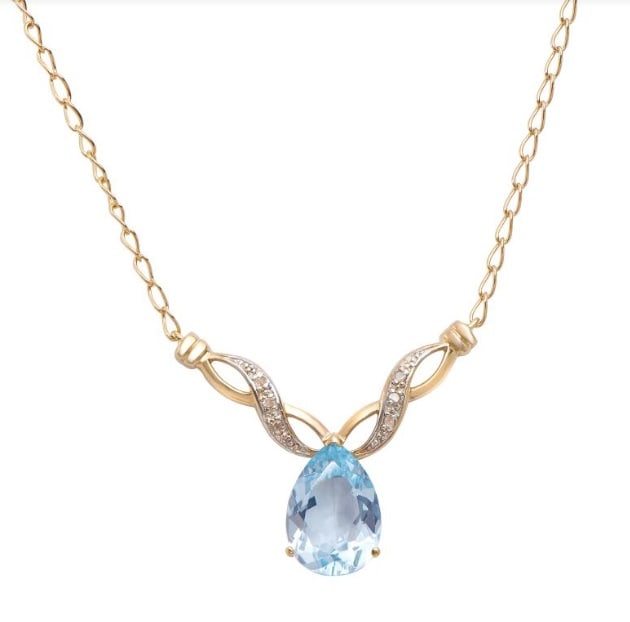 5.09 CT Blue Topaz & Diamond 18KGP Designer Necklace $675: 1 pieces of Pear Shape GENUINE Blue Topaz quality AAA no treatment.5 pieces of GENUINE 1.1mm faceted round diamond 0.04 carat Tw.3.95 grams of brass layered with 18K yellow gold.The necklace length