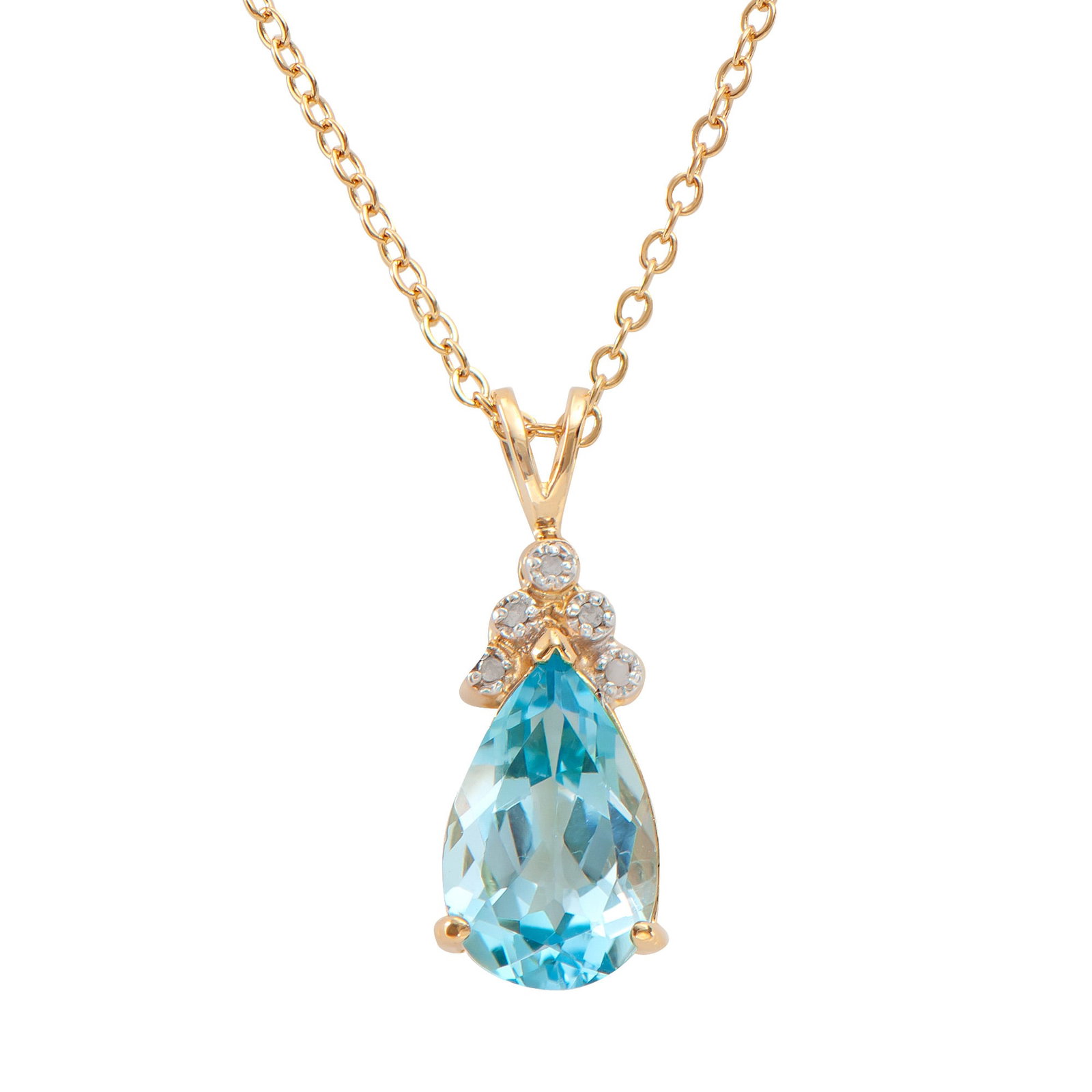 5.09 CT Swiss Blue Topaz & Diamond 18KGP Designer Necklace $775: 1 piece of GENUINE 14 X 10 mm faceted Pear Shape Blue Topaz quality AAA no treatment.5 pieces of GENUINE single cut diamonds I-J color & I2-I3 Clarity no treatment. 3.95 grams of brass layered with