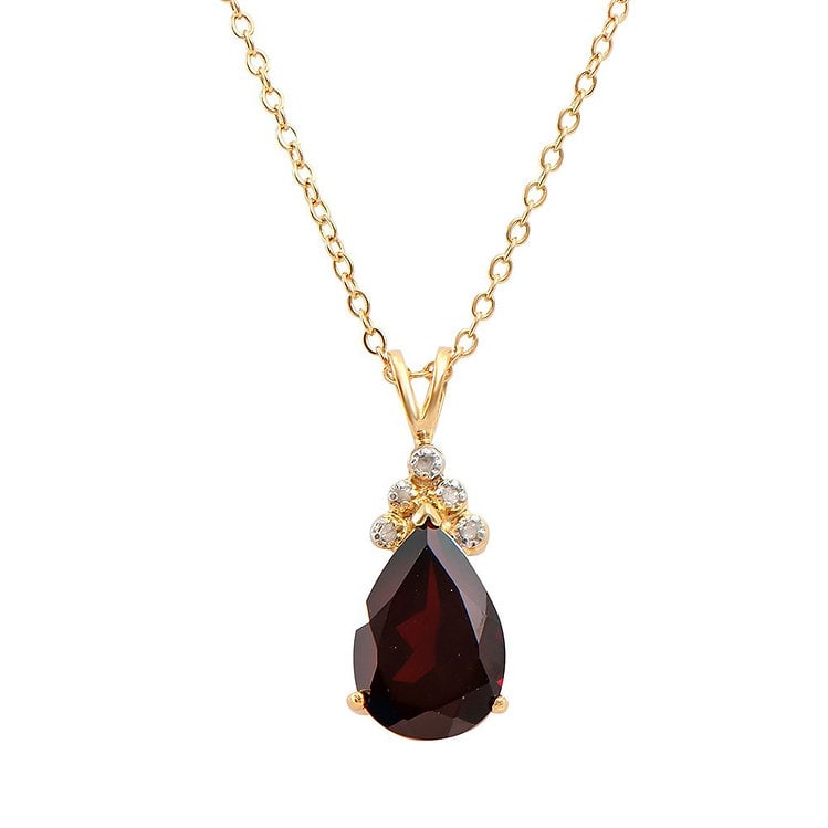 5.38 CT Garnet & Diamond Designer Necklace: Master jewelers designed your Necklace with: 1 piece of GENUINE 8X10mm faceted oval Garnet quality AAA no treatment. 5 pieces of GENUINE single cut diamonds 0.12 carat tw.I color & SI Clarity no