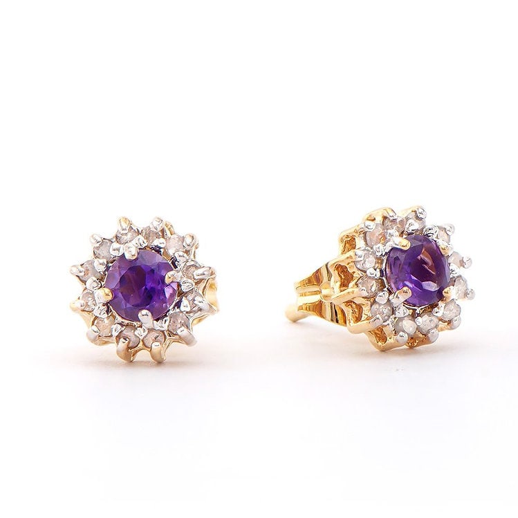 0.63 Cts Amethyst & Diamond Designer Earrings $715: 2 pieces of 4mm round purple Amethysts quality AAA no treatment. 24 pieces of GENUINE single cut diamonds 0.21 carat, I-J color & I2-I3 Clarity no treatment. 1.25 grams of brass layered with 18K yello