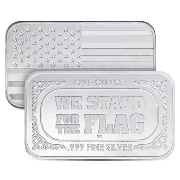 Great Investment! American Flag Design Silver Bar 1 Ounce .999 Pure IRA Approved: The American Flag Design Silver Bar is a symbol of patriotism, minted in 1 troy ounce of .999 pure silver.This bar combines the value of silver bullion with the iconic imagery of the American flag, ma