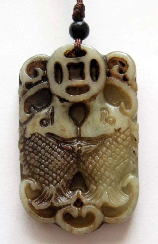 Antique Natural Jade Twin Koi Fish Pendant: The Royal Cameo Carving Jade Charm was carved from a piece of fine grained Jade gemstone more than 200 years ago. The design is unique and very lovely and the carving is delicately performed. Size: 25