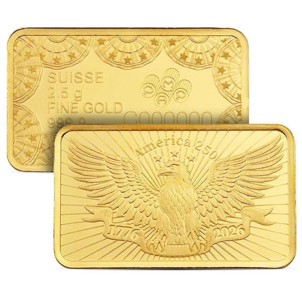 Great Investment! PAMP Suisse USA 250th Anniversary Gold Bar, 2.5 Grams, .9999 Pure IRA Approved: The PAMP Suisse USA 250th Anniversary Gold Bar commemorates the 250th anniversary of the United States of America (1776?2026) with a patriotic design struck in 2.5 grams of .9999 fine gold. Produced b