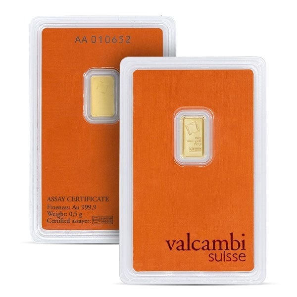 Great Investment! Valcambi Gold Bar, 1/2 Gram .9999 Pure in Assay Package IRA Approved: The Valcambi 1/2 Gram Gold Bar is a compact and highly refined piece of fractional gold, struck in .9999 fine gold and weighing 0.5 grams (.0161 troy ounces).Produced by the renowned Swiss refiner Val