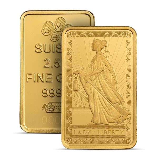 Great Investment! PAMP Suisse Lady of Liberty Gold Bar, 2.5 Grams, .9999 Pure IRA Approved: The PAMP Suisse Lady of Liberty Gold Bar (2.5 grams) is a beautifully crafted piece of fine gold, combining Swiss precision with a timeless American-inspired design. Struck in .9999 pure gold, this