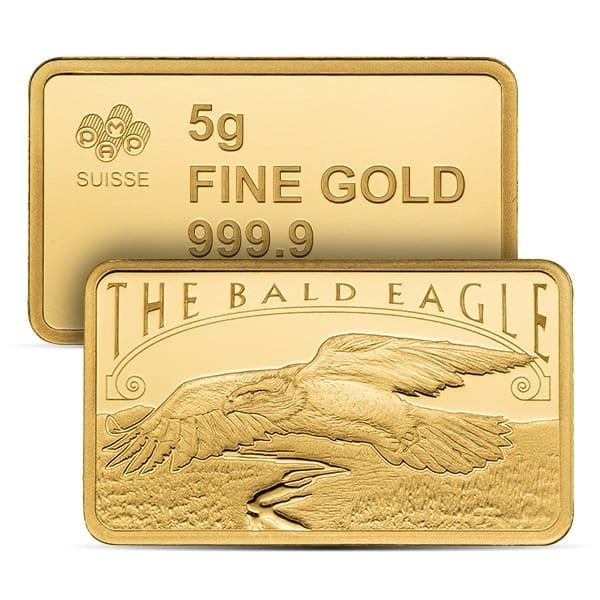 Great Investment! PAMP Suisse America the Free Bald Eagle Gold Bar, 5 Gram, .9999 Pure IRA Approved: The PAMP Suisse America the Free Bald Eagle Gold Bar is a beautifully crafted collectible struck from 5 grams of .9999 fine gold (24 karat). Produced by the world-renowned Swiss refiner PAMP Suisse, t