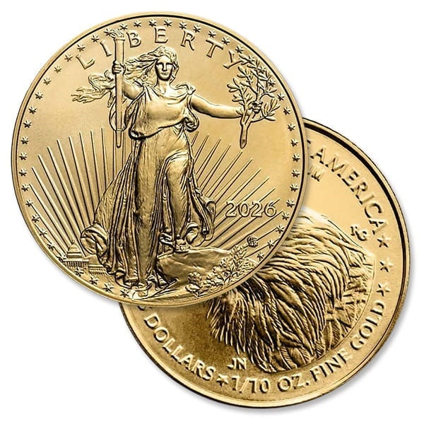 Great Investment! 2026 1/10th Oz American Gold Eagle Coin 22k Purity IRA Approved: The 2026 1/10 oz American Gold Eagle is a fractional U.S. Mint bullion coin struck in 22-karat gold (91.67% gold), alloyed with silver and copper for added durability.With a $5 face value and instantl