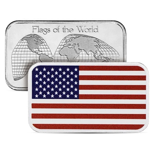 Great Investment! United States of America National Flag Silver Bar (Colorized) - 1 Troy Ounce, .999: The United States of America National Flag Silver Bar is a beautifully colorized silver bullion bar featuring the iconic Stars and Stripes in vibrant red, white, and blue. Struck from 1 troy ounce of 