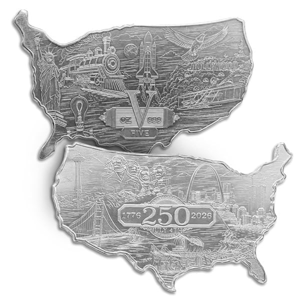 Hot Item!!! USA 250th Anniversary Shaped Silver Bar - 5 Ounce .999 Pure: The USA 250th Anniversary Shaped Silver Bar is a striking tribute to America?s rich history and innovation, crafted in the distinctive outline of the continental United States. Struck from 5 troy ounc