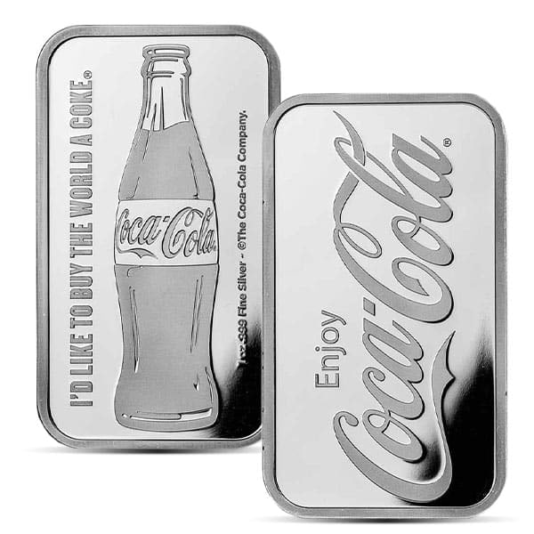 Great Investment! Coca-Cola Silver Bar - 1 Troy Ounce, .999 Pure IRA Approved: The Coca-Cola Silver Bar blends two things people already understand: physical silver and one of the most recognizable brands ever made. It's a 1 troy ounce (.999 fine) bar that appeals to both collec