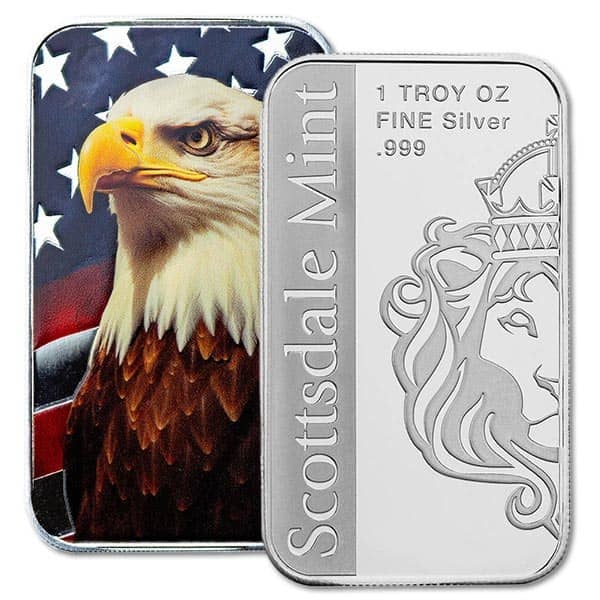 Patriotic Bald Eagle (Colorized) Silver Bar - 1 Troy Ounce IRA Approved: The Colored Scottsdale 1 Oz Silver Bar featuring the Patriotic Bald Eagle is a striking representation of American heritage and patriotism. This silver bar not only celebrates the majestic Bald Eagle,