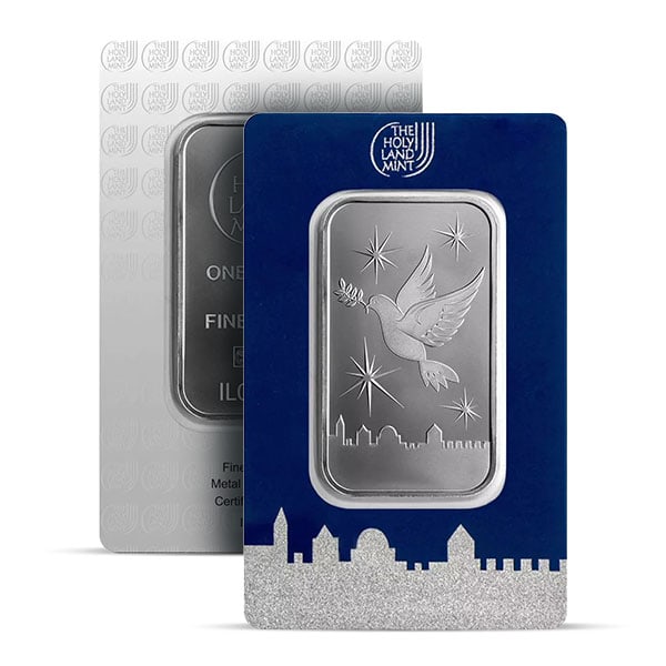 Holy Land Mint Dove of Peace 1 Ounce SILVER Bar in Assay, .999 Pure IRA Approved: The Holy Land Mint 1 oz Dove of Peace Silver Bar is a beautifully crafted bullion piece that symbolizes hope, renewal, and the universal desire for peace.Struck from .999 pure silver, each bar feature
