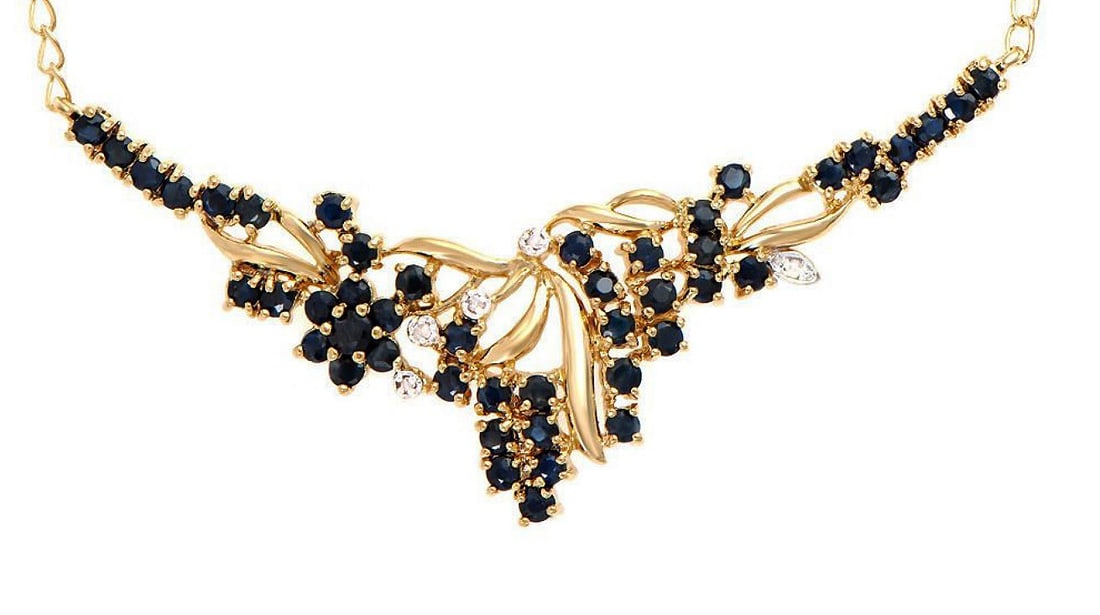3.30 ctw Sapphire & Diamonds 18K Gold Plated Designer Necklace $2,665!: Gemstone DescriptionGemstone: Black SapphireColor: BlackShape: RoundSize: 2.4mmQuantity: 47CTW: 3.25 Diamond DescriptionShape: RoundsSize: 1.1mm Quantity: 5CTW: 0.05Grade: I3Color: H-I Material Inform