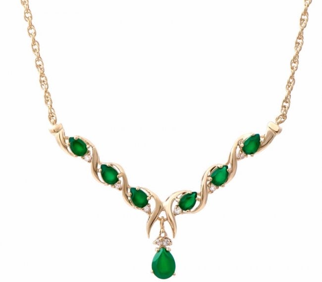 3.40 CT Green Agate & White Topaz Designer Necklace: 1 piece of GENUINE 8X6mm faceted Pear Shape Green Agate quality AAA no treatment. 6 pieces of GENUINE 4X6mm faceted Pear Shape Green Agates quality AAA no treatment.9 pieces of GENUINE single cut
