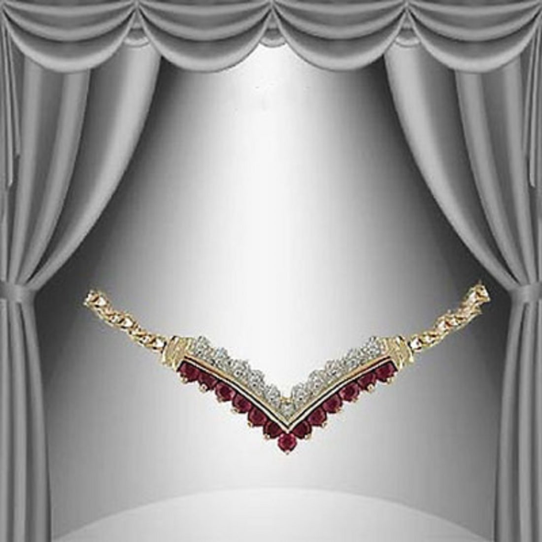 0.71 Ct Ruby & Diamond Designer 18KGP Necklace: 13 pieces of GENUINE 2.1mm Rounds Rubies quality AAA no treatment.11 pieces of GENUINE 1.1mm Rounds diamond, no treatment. 3.15 grams of base metal layered with 18K yellow gold.The necklace length is 