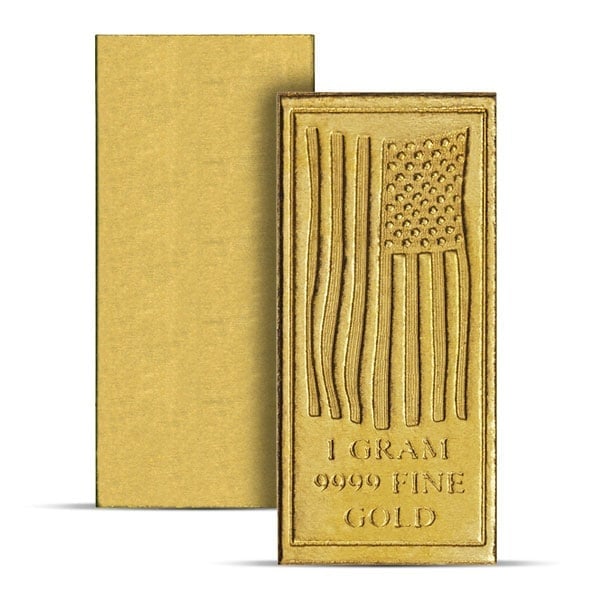 Great Investment! American Flag Gold Bar, 1 Gram .9999 Pure IRA Approved: The American Flag Gold Bar is a beautifully minimalist gold bullion piece featuring the iconic Stars and Stripes engraved directly into the front of the bar. Struck in 1 gram of .9999 pure gold, this
