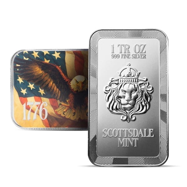 Great Investment! 1776 Bald Eagle Silver Bar (Colorized) - 1 Troy Ounce, .999 Pure IRA Approved: The 1776 Bald Eagle Silver Bar is a visually stunning 1-ounce bullion piece celebrating American independence and patriotism. Struck by the Scottsdale Mint in .999 fine silver, this Brilliant Uncircul