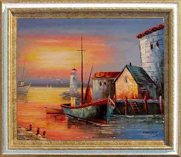 Large Hand Signed Oil Painting, Harbor Sunset: Allow this beautiful story to continue on the wall of your wonderful home. With graceful strokes of oil on canvas and a color palette of warmth you can bet this will be a painting all of your friends 