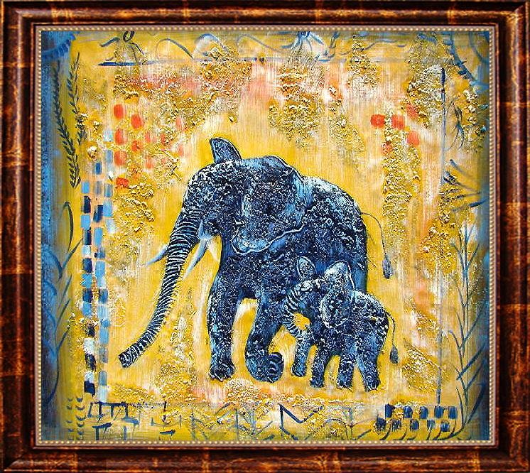 Large Hand Signed Oil Painting, Elephants: Allow this beautiful story to continue on the wall of your wonderful home. With graceful strokes of oil on canvas and a color palette of warmth you can bet this will be a painting all of your friends