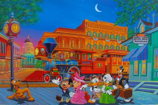 MANNY HERNANDEZ DISNEY "ARRIVING IN STYLE" Serigraph: This is a hand signed original mixed media serigraph print by Manny Hernandez titled "ARRIVING IN STYLE". This beautiful vibrant art piece features Goofy, Pluto, Donald & Daisy Duck, Mickey & Minnie M