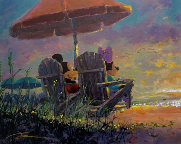 James Coleman "OUR SUNSET" Mickey & Minnie Mouse Canvas: This is a limited edition hand signed giclee on canvas by James Coleman titled "OUR SUNSET" featuring Mickey and Minnie Mouse. This piece is Hand Signed and Hand Embellished by Disney artist James Col