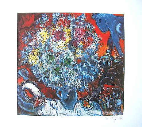 M.CHAGALL Lithograph Bouquet De Fleur: This is a Marc Chagall first edition lithograph titled "Bella".Pencil numbered from a limited edition of 500. Image measures 17 1/2" x 21" on 30" x 20" paper.