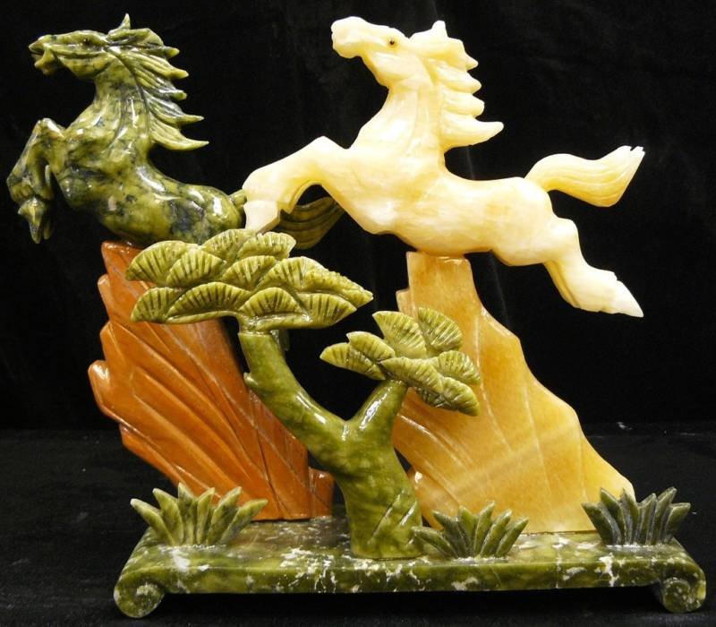 HAND CARVED MULTI-JADE 2 HORSES MOUNTAIN: This jade 2 horses mountain is made from multiple jades, the green Taiwan Jade and Yellow jade. The colors are all natural. Very detailed carving. Size: Wide: 13", Deep: 4", High: 11"