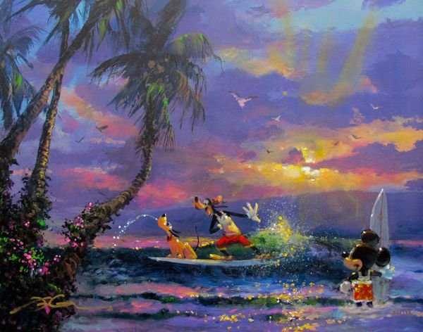 James Coleman "SUMMER ESCAPE" Disney Mickey Mouse Hand: This is a limited edition hand signed giclee on canvas by James Coleman titled "SUMMER ESCAPE" featuring Mickey Mouse, Goofy and Pluto. This piece is Hand Signed and Hand Embellished by Disney artist