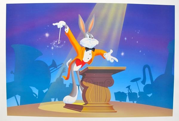 Warner Bros BUGS BUGS BUNNY ON BROADWAY 1994 Limited: This is a 1994 Warner Bros Limited Edition Lithograph titled "Bugs Bunny on Broadway". This fantastic animation features Conductor and Maestro Bugs Bunny as he appeared in the 1970's cartoons. This be