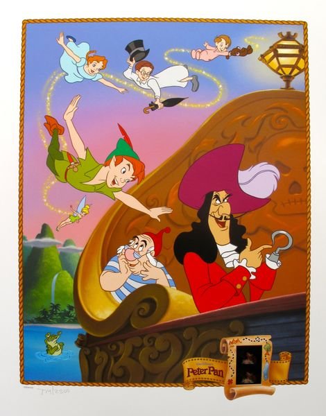 DISNEY PETER PAN Limited Ed. Lithograph with Original: This is a limited edition lithograph with original 35mm film cels produced by Disney titled "PETER PAN". The film cells have been hand cut from the master print taken from the original inter-negative