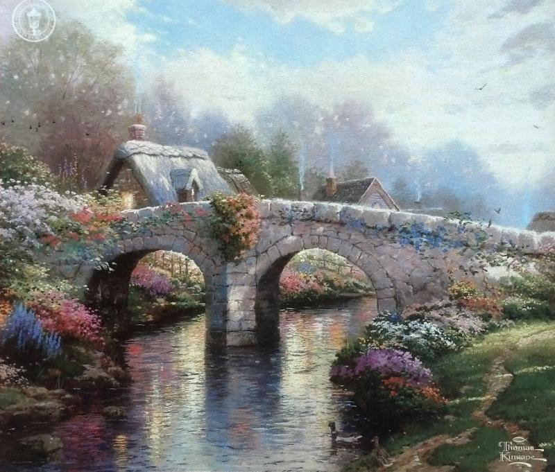 Kinkade Fine Art Lithograph "Blossom Bridge": Signed Lithograph: THOMAS KINKADE- "Blossom Bridge" Edition size: 10.5" x 13.5" Print Type: Offset Lithograph Subject: Cityscape Style: Impressionism The Print comes with Free acid Mat Backing! Thomas
