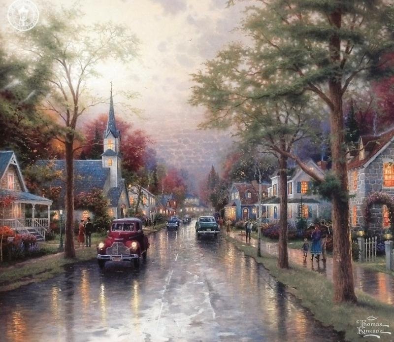 Kinkade Fine Art Lithograph "Hometown Morning": Signed Lithograph: THOMAS KINKADE- Hometown Morning, Edition size: 10.5" x 13.5" Print Type: Offset Lithograph Subject: Cityscape Style: Impressionism The Print comes with Free acid Mat Backing! Thoma