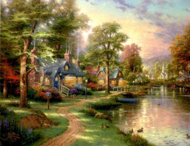 Kinkade Fine Art Lithograph Hometown Lake: THOMAS KINKADE- Hometown Lake - Signed Lithograph: Edition size: 10.5" x 8" Print Type: Offset Lithograph Subject: Landscape, Style: Impressionism The Print comes with Free acid Mat Backing! Thomas Ki