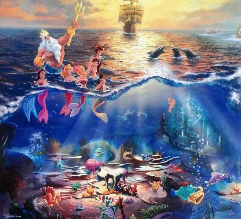 Kinkade Lithograph Disney - The Little Mermaid: THOMAS KINKADE- DISNEY- THE LITTLE MERMAID Edition size: 10.5 x 12 inches Print Type: Offset Lithograph Subject: Disney Style: Impressionism The Print comes with Free acid Mat Backing! Thomas Kinkade