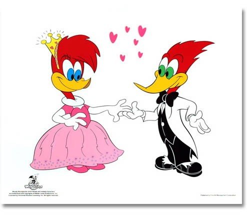 Woody & Winnie Woodpecker "In Love" Sericel: It was at a lakeside cottage during Walter Lantz's Honeymoon with actress Grace Stafford in 1941 where Lantz became inspired to create his most famous cartoon character. After hearing a continuous kno