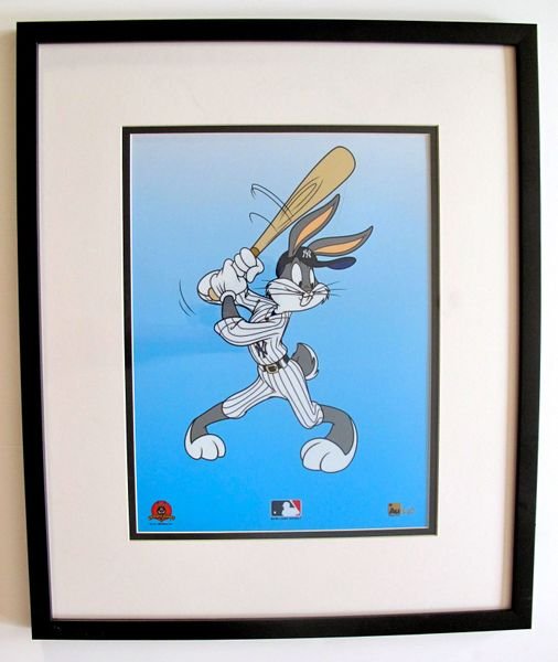Warner Bros BUGS BUNNY N.Y YANKEES BASEBALL Framed: This is a limited edition framed Sericel of Warner Bros Looney Tunes BUGS BUNNY. This fantastic animation features Bugs pitching a baseball in a New York Yankees uniform. This sericel comes beautifull