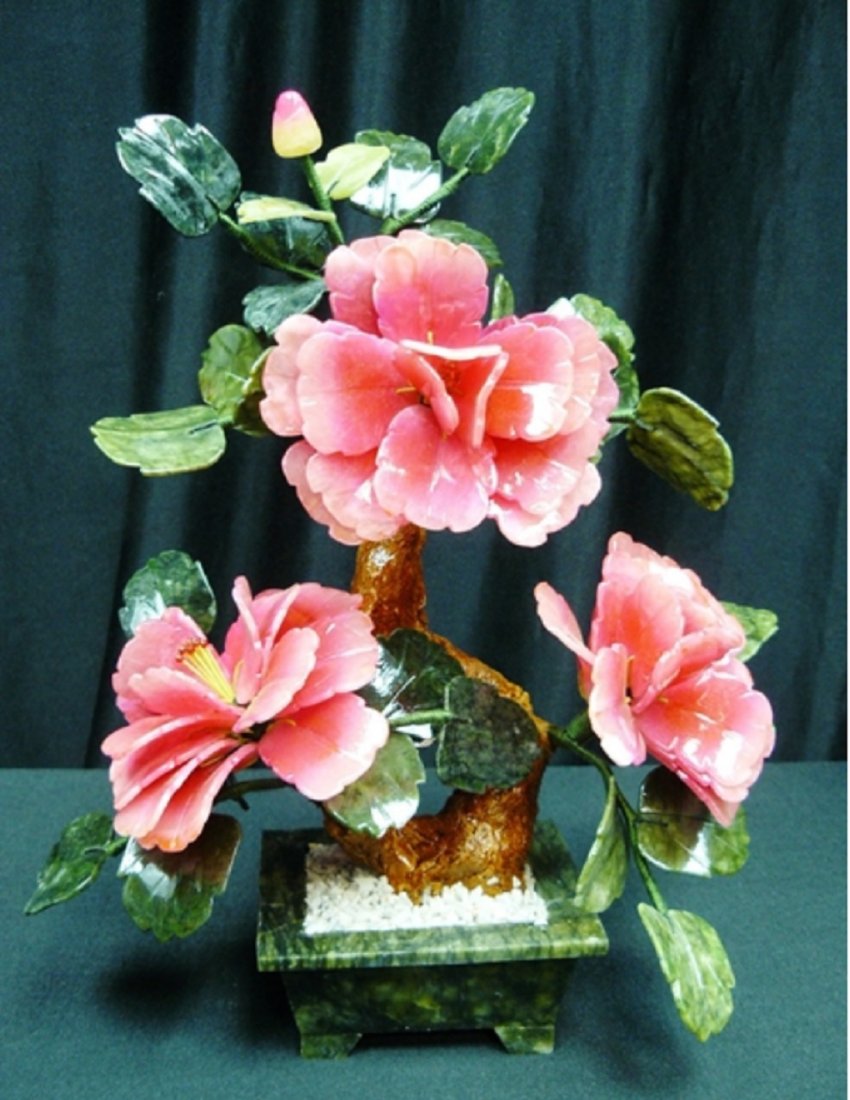 1,475 Cts of Real Pink Jade Bonsai Flowers Home Decor: This flower made from real pink jade and the leaves are made of one piece solid dark green Taiwan jade as well as the pot. Wide: 12", High: 13", Deep: 8". Excellent workmanship and the piece looks eve