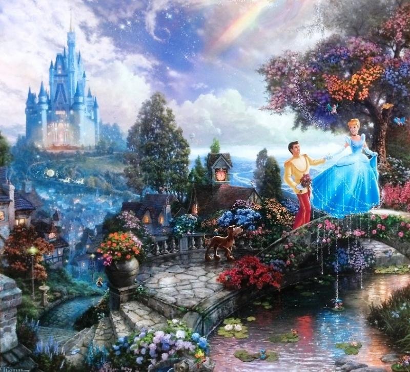 Kinkade Lithograph Disney - Cinderella: THOMAS KINKADE- DISNEY- CINDERELLA Edition size: 10.5\" x 12\"" Print Type: Offset Lithograph Subject: Disney Style: Impressionism The Print comes with Free acid Mat Backing! Thomas Kinkade known as \