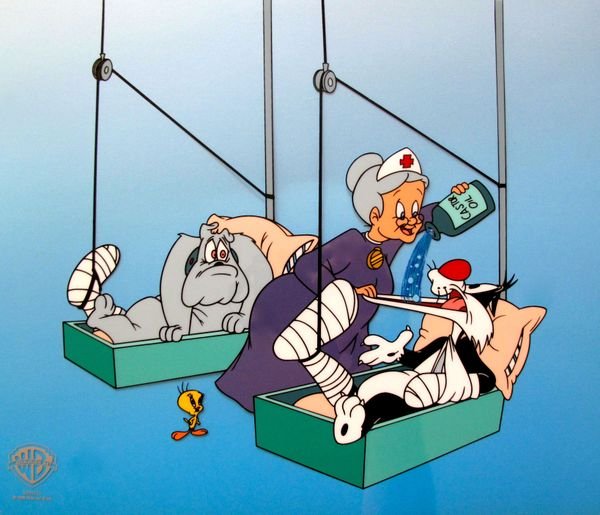 SYLVESTER & TWEETY "Drink up, Putty Tat" SERICEL: This is a Limited Edition Sericel of Warner Bros Looney Tunes titled "DRINK UP, PUTTY TAT!". This fantastic animation features Spike, Sylvester, Tweety and Nurse Granny as she feeds Castor Oil to Sylv