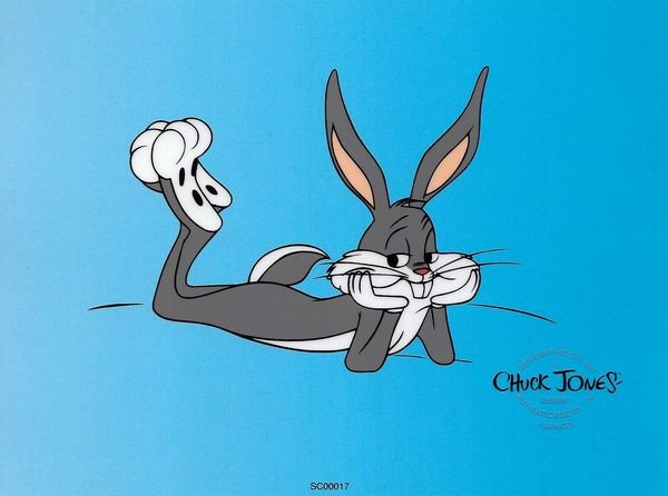 Warner Bros BUGS BUNNY Lying Down Sericel: This is a Limited Edition Sericel of Warner Bros Looney Tunes BUGS BUNNY by Chuck Jones. This fantastic animation features Bugs Bunny as he appeared in the 1970's cartoons. This Cel measures 8 by 6 in